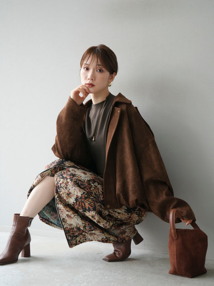 [套裝] 麂皮外套 + 小領法式針織上衣 + 哥布蘭前拉鍊緊身裙（3 套）