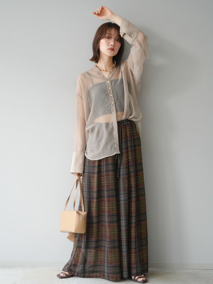 [SET] 亮面透視立領襯衫 + 透視格紋寬鬆褲 (2 件套)