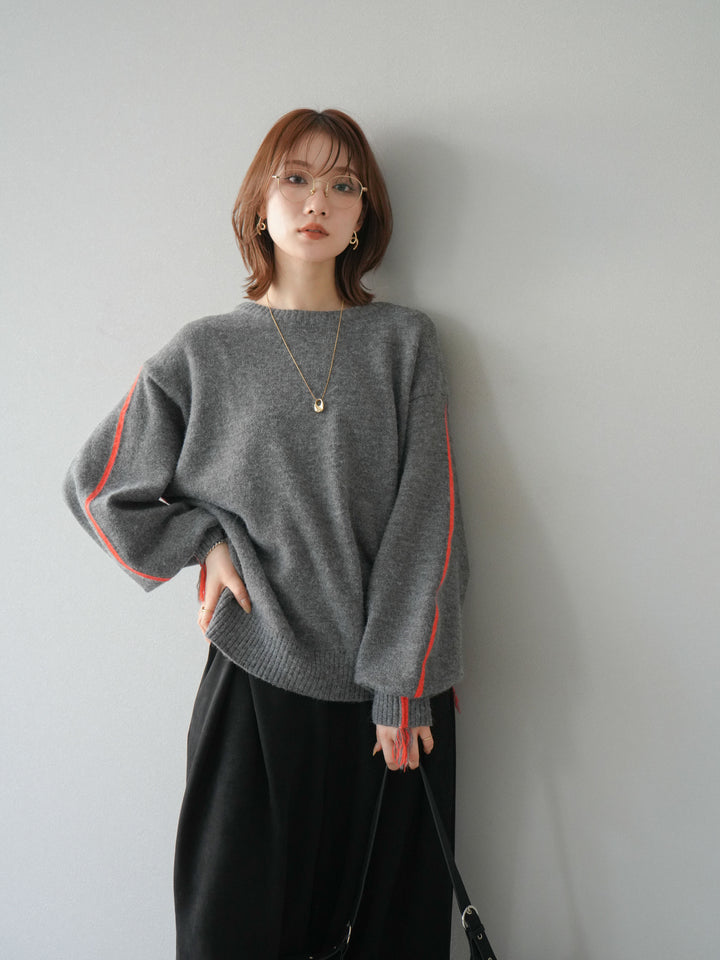 [SET]配色ステッチフリンジニットプルオーバー +スウェードタックワイドパンツ(2set)