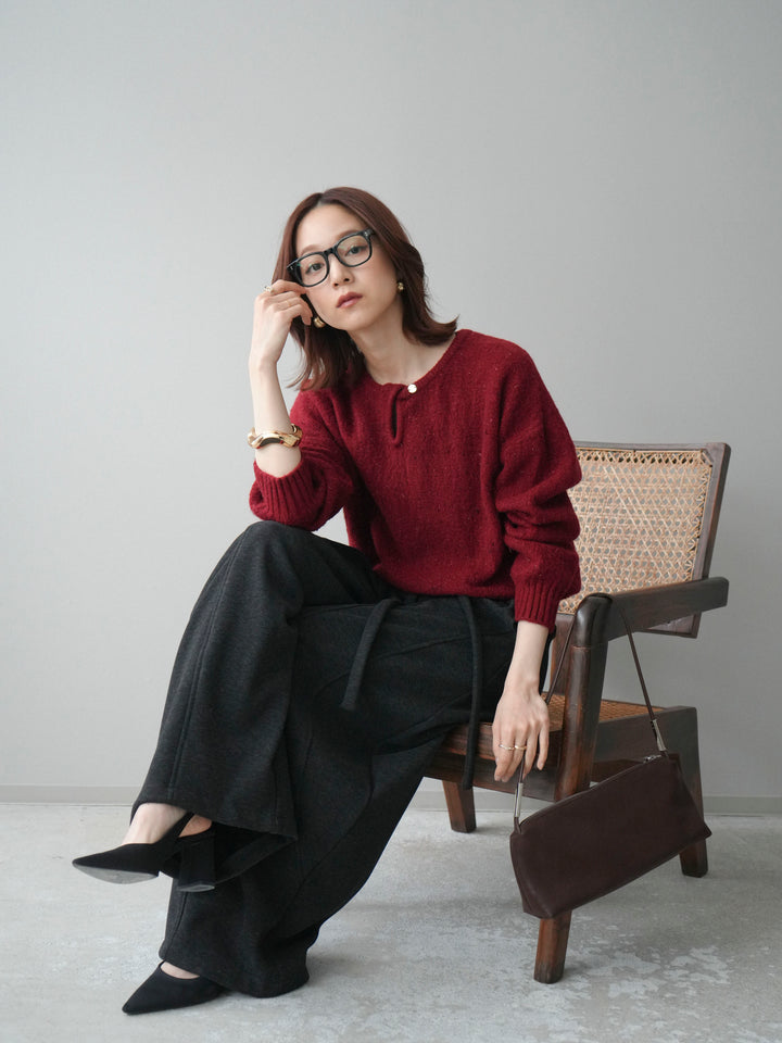 [予約]ツイストネックラメネップヤーンニットプルオーバー/red