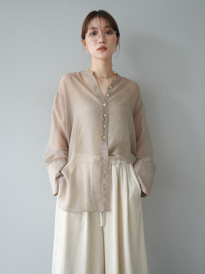 [SET] 亮面透視立領襯衫 + 柳葉寬褲 (2set)