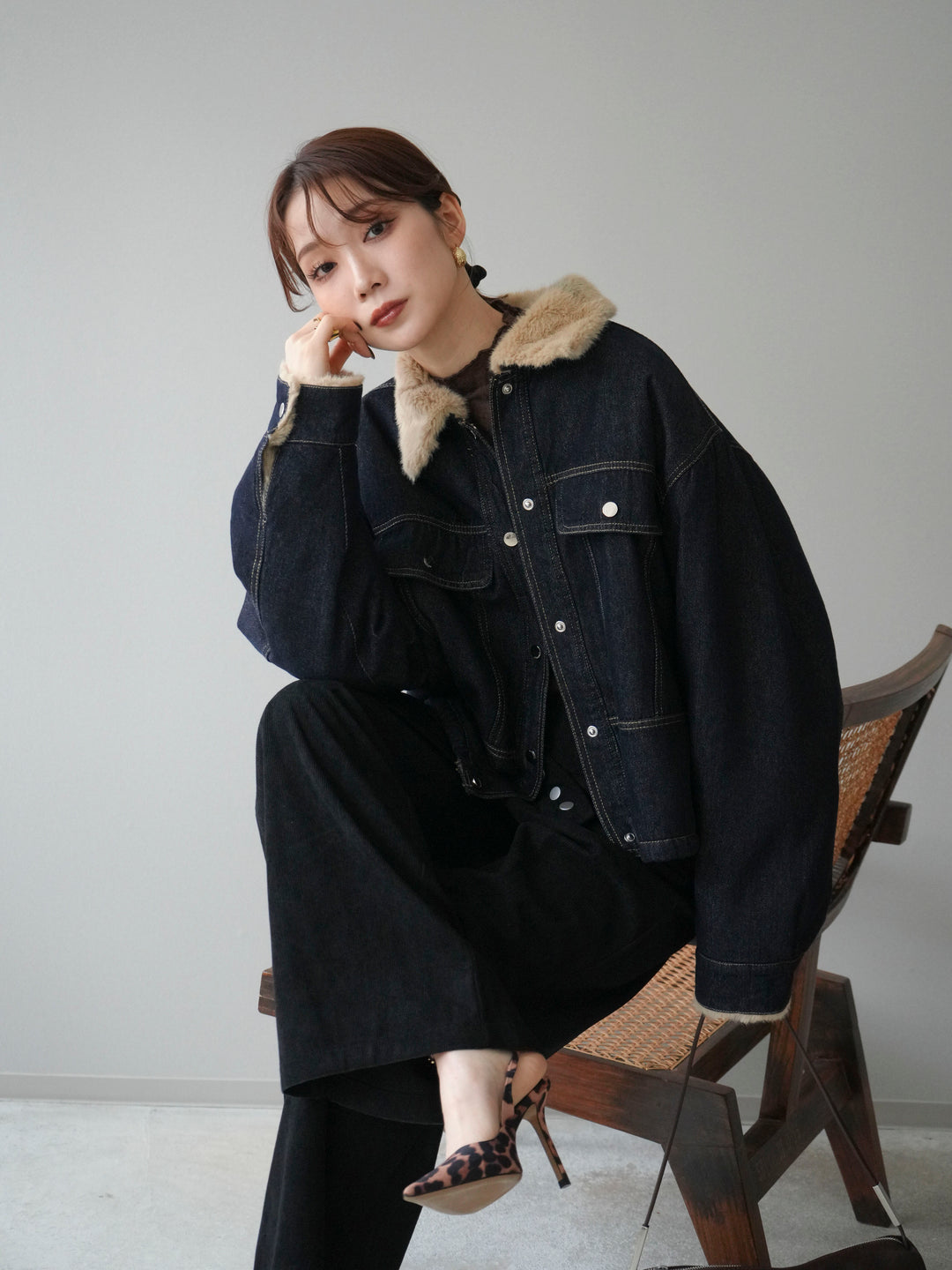 [予約]デニム×ファーステンカラーショートジャケット/indigo