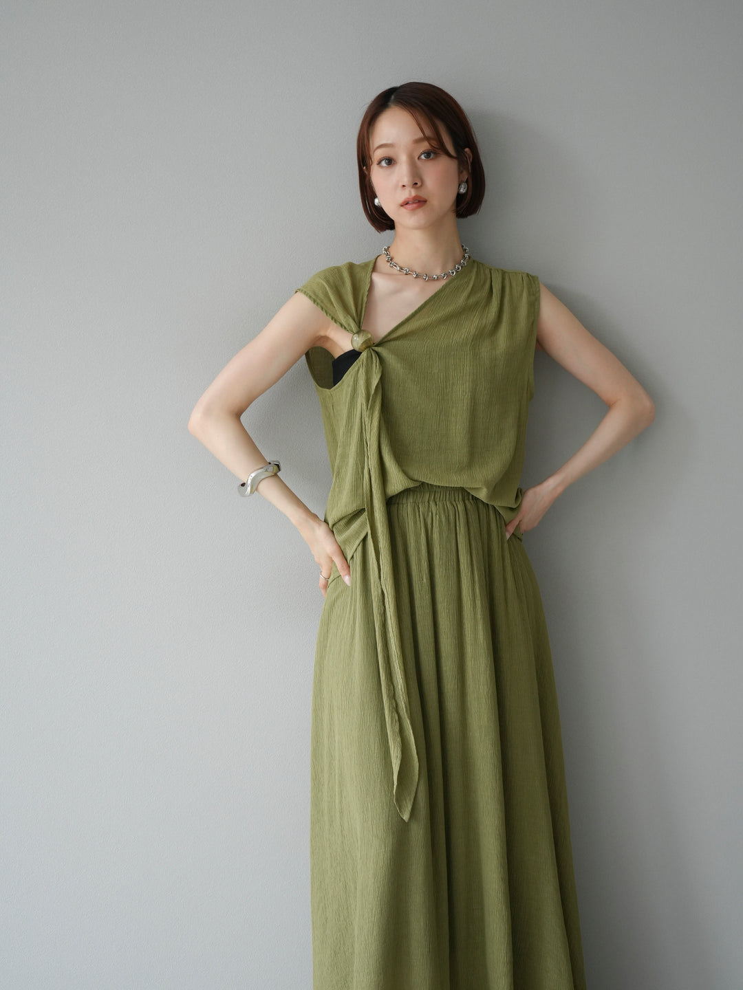 [SET]ビーズモチーフ楊柳ブラウス＆フレアスカートSET UP(2set)