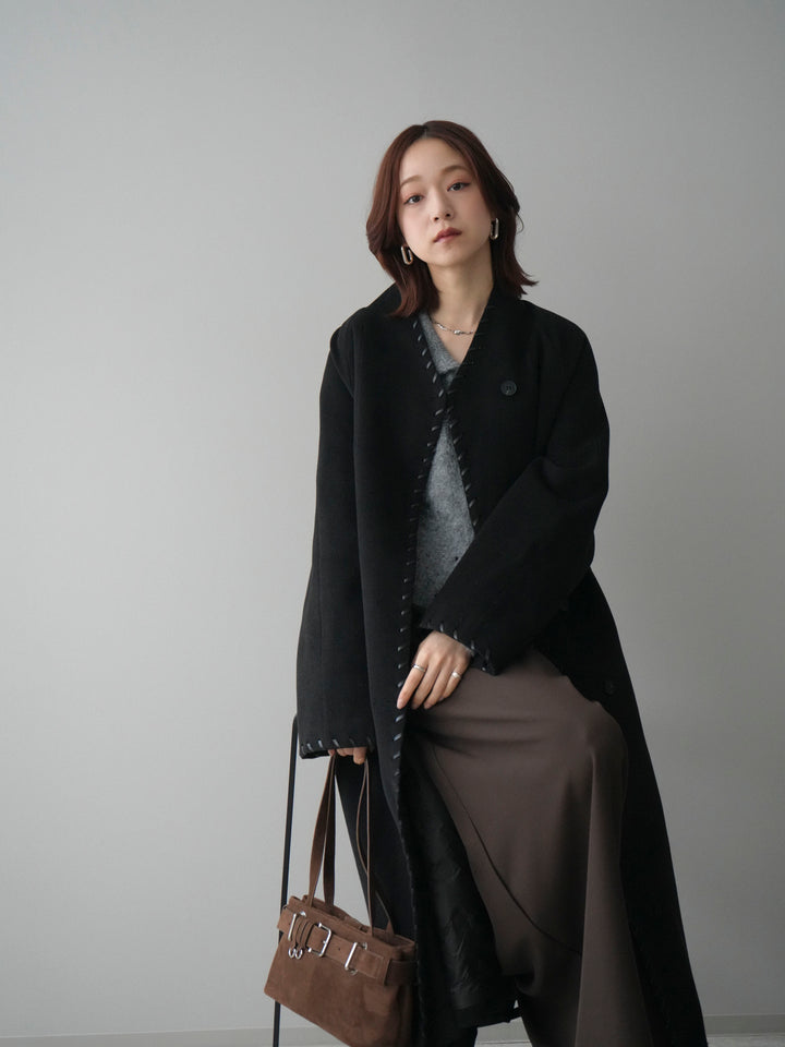 [SET]ハンドステッチ裏中綿ロングコート+モヘア衿付きボタンプルオーバー(2set)