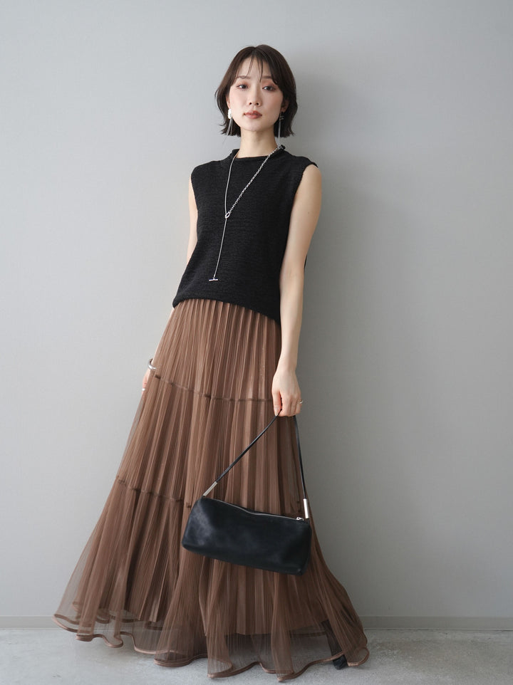 [予約]ラメプリーツレイヤードチュールロングスカート/mocha
