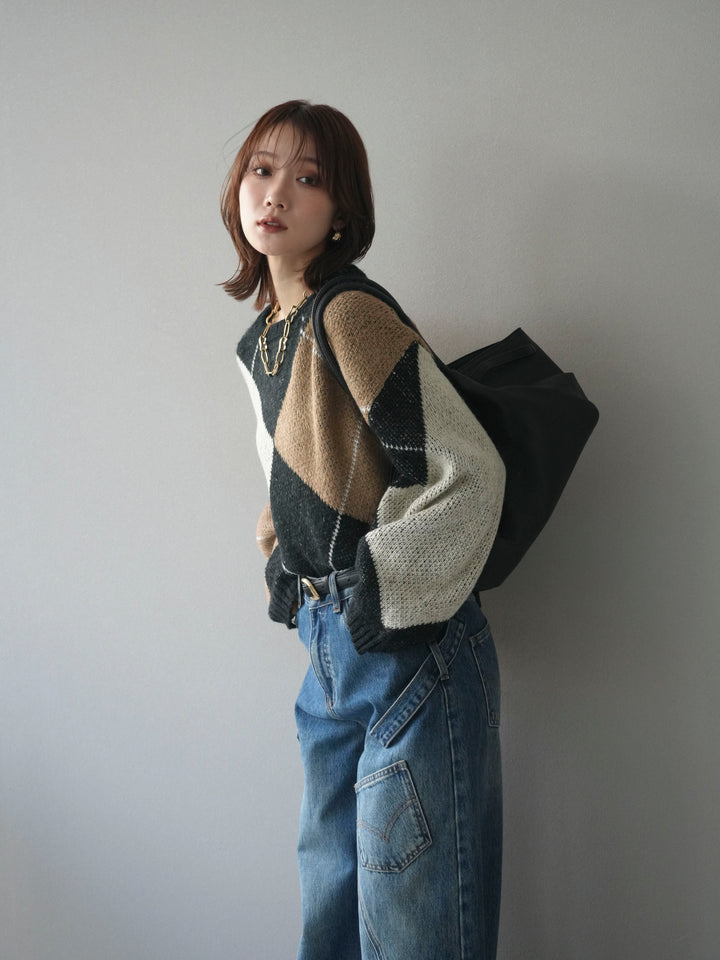 [予約]配色ステッチアーガイル柄ニットプルオーバー/black