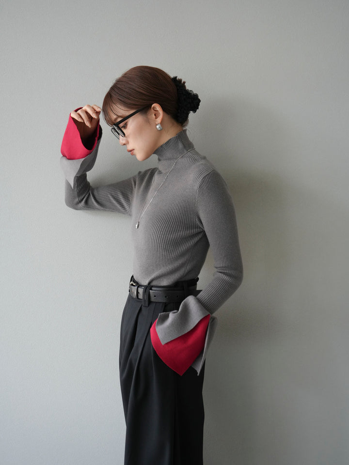 [SET] 疊層喇叭袖高領針織上衣 + 雙褶寬褲 (2 套)