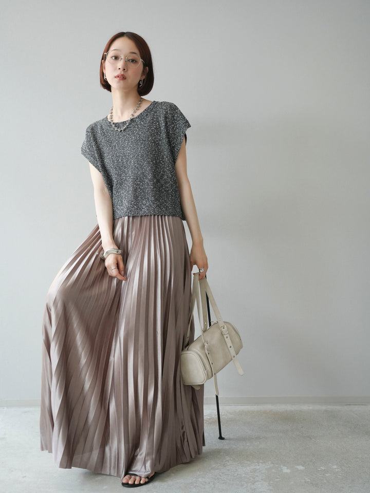 [SET]ネップヤーンクロップドニットベスト+サテンプリーツマキシスカート(2set)