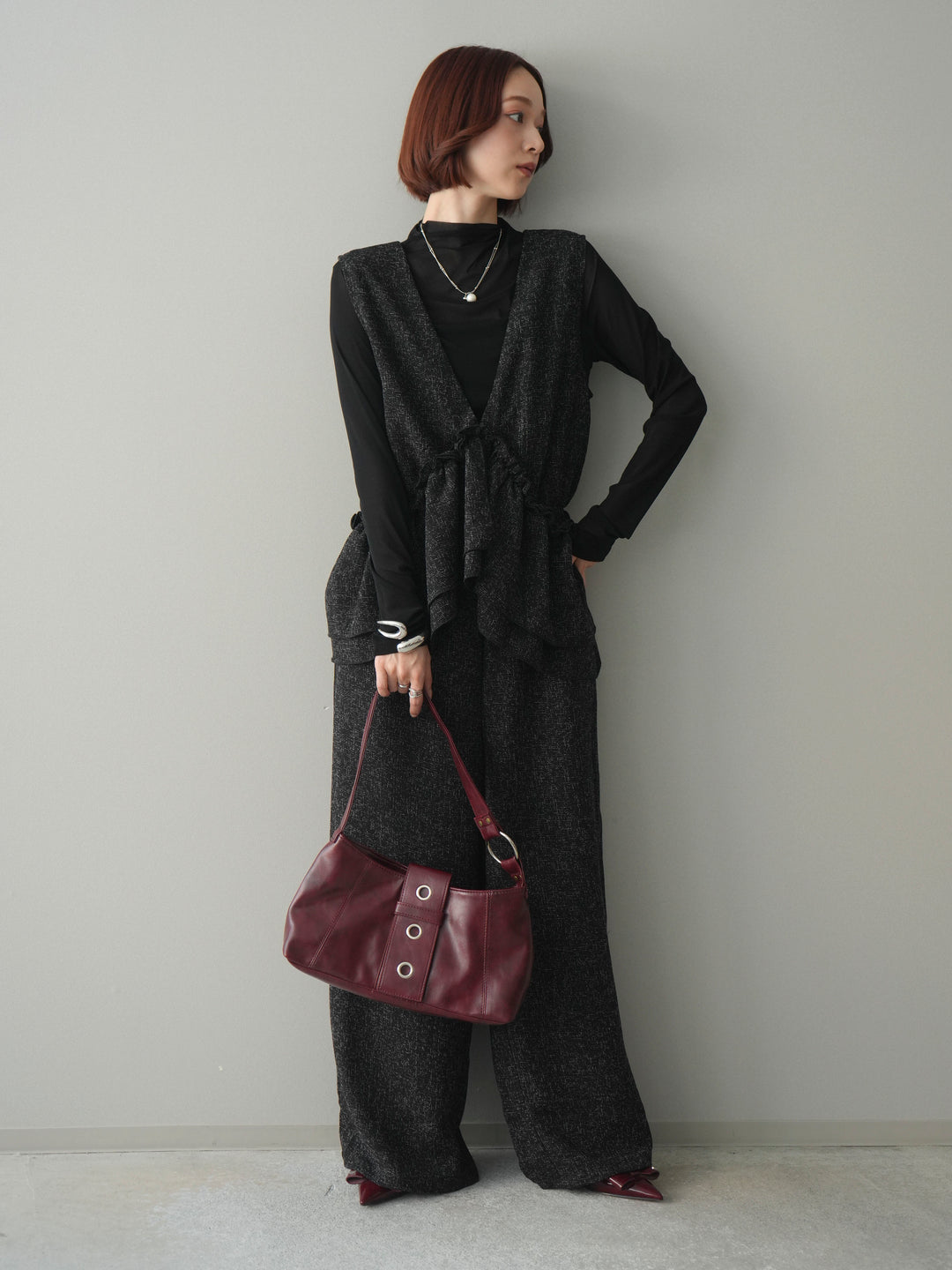 [SET]3WAYミックスツイードギャザーオールインワン+シアープチネックストレッチトップス(2set)