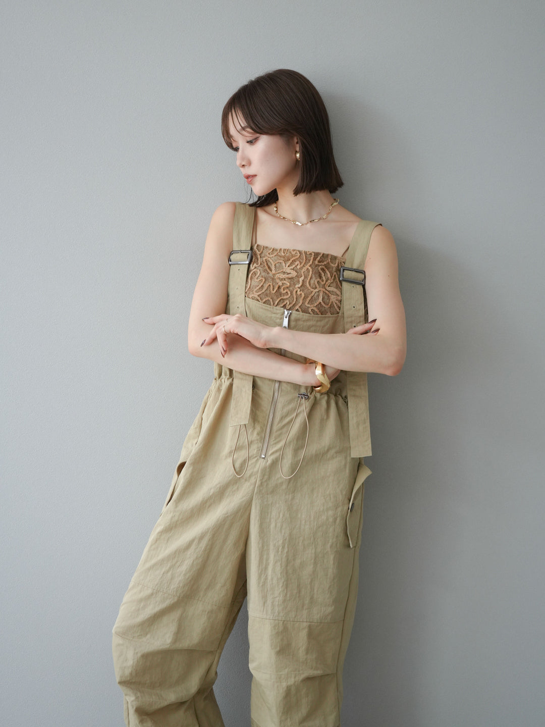 [予約]ナイロンタックデザインサロペット/ベージュ