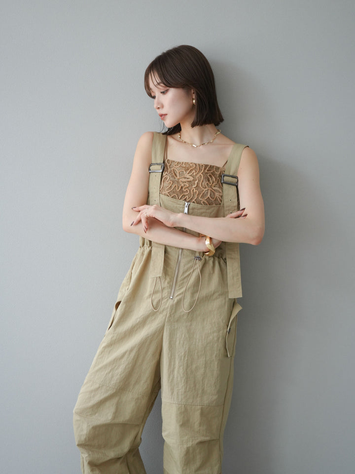 [予約]ナイロンタックデザインサロペット/ベージュ