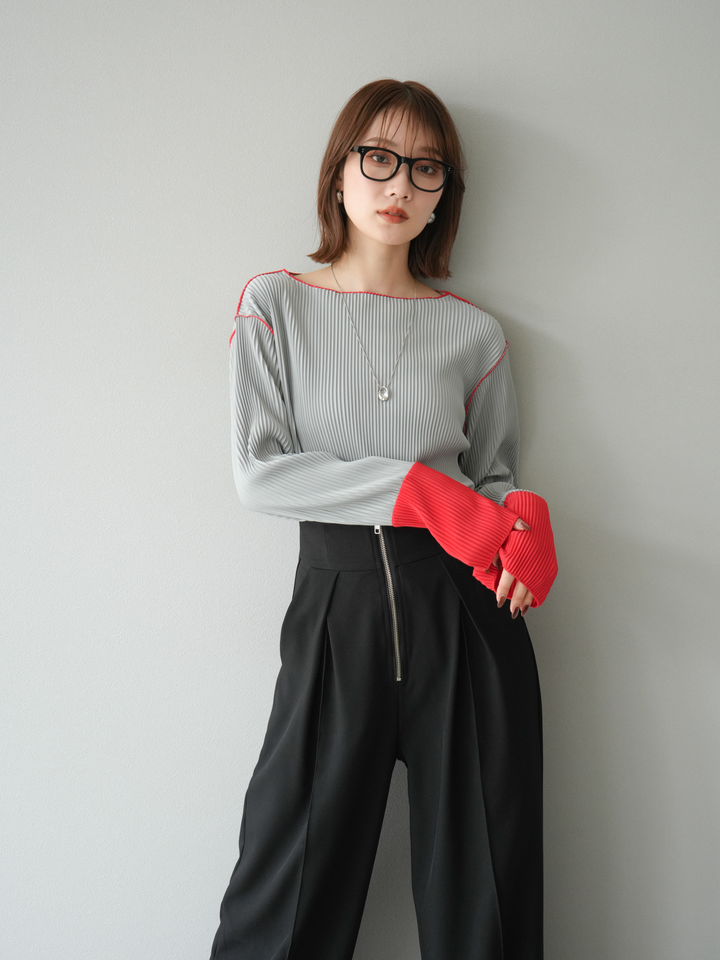 [予約]バイカラープリーツトップス/グレー