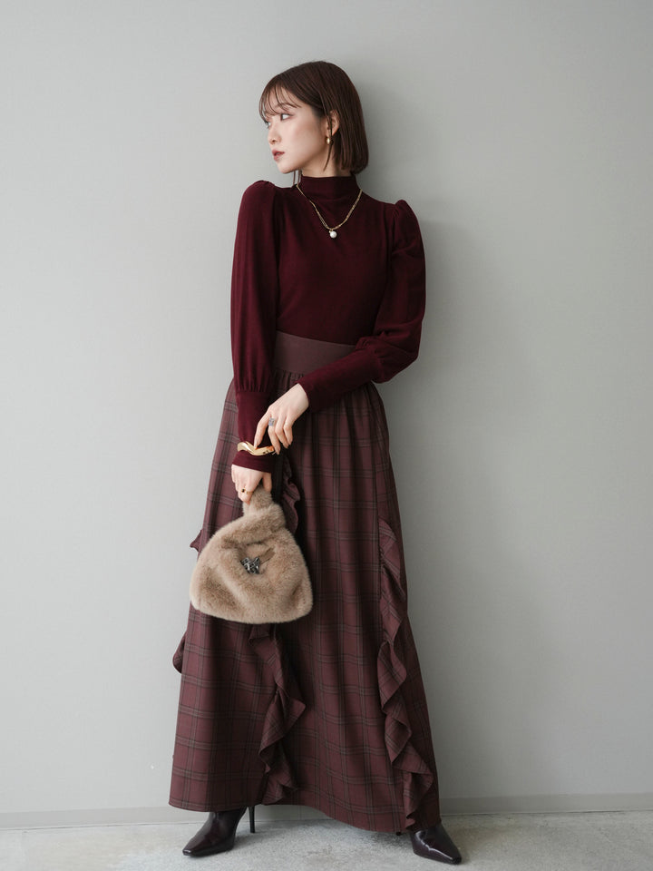 [SET]プチネックパワーショルダー起毛トップス+チェック柄フリルハイウエストマキシスカート(2set)