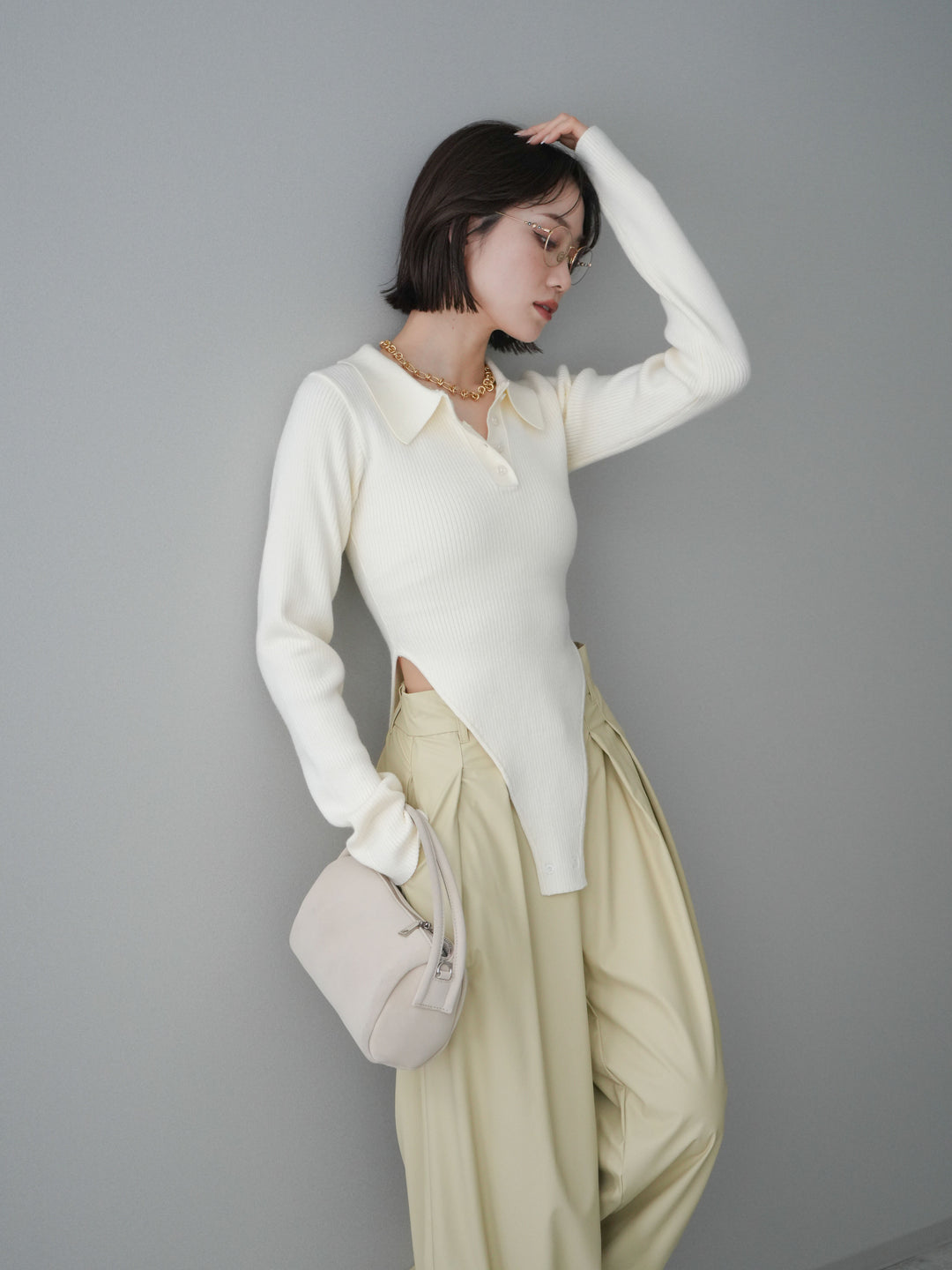 [予約]リブポロニットボディスーツ/ivory