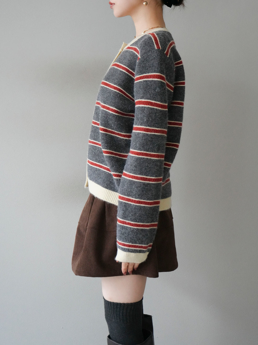 [予約]配色ボーダーニットカーディガン/gray