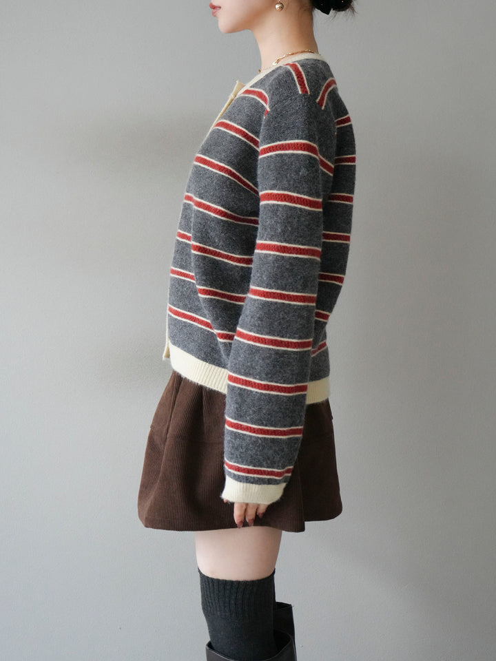 [予約]配色ボーダーニットカーディガン/gray