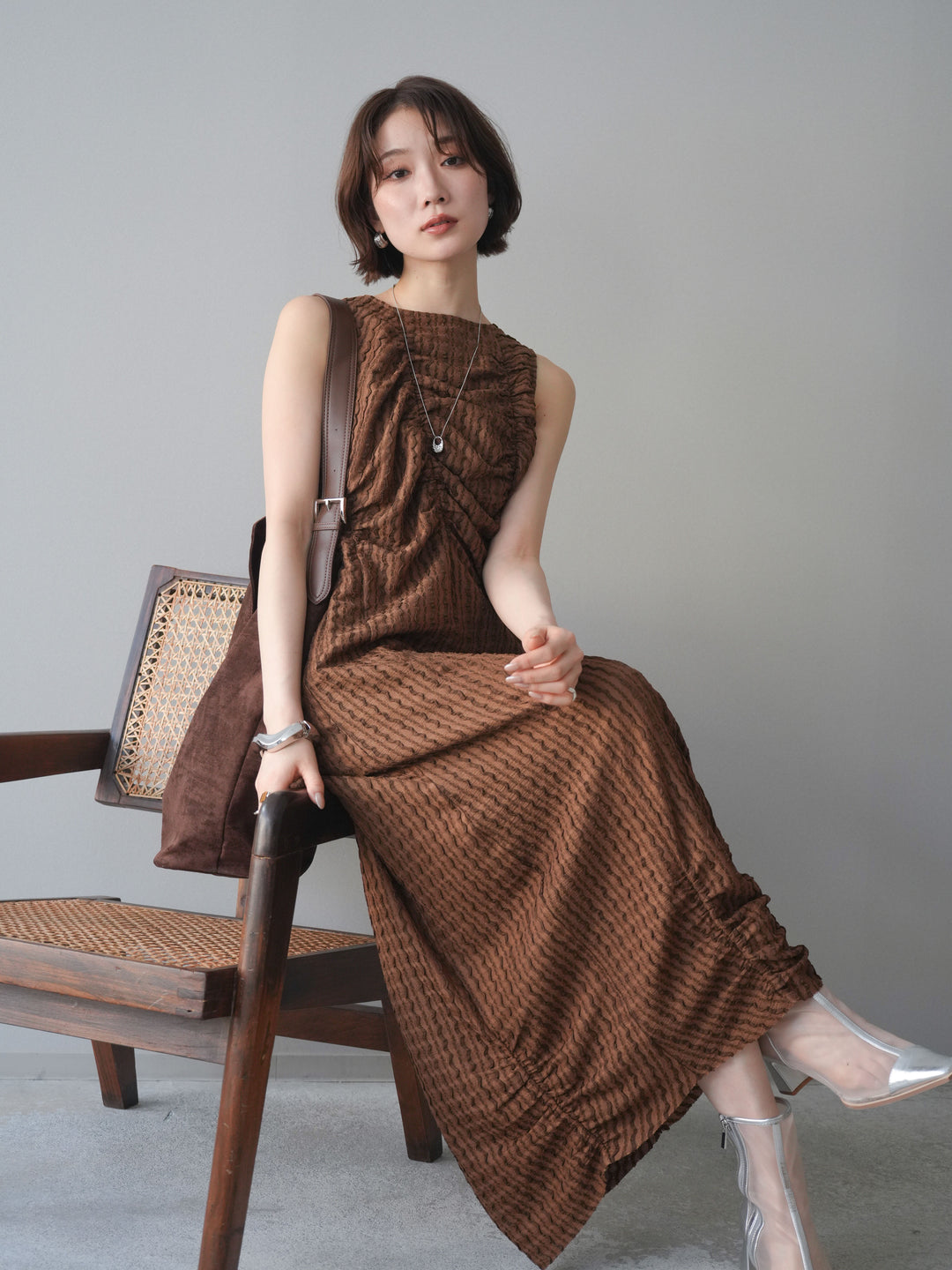 [予約]シャーリングジャガードノースリーブワンピース/brown