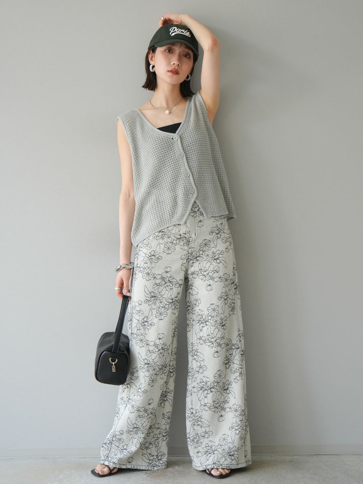 【預購】花朵提花牛仔寬褲/黑