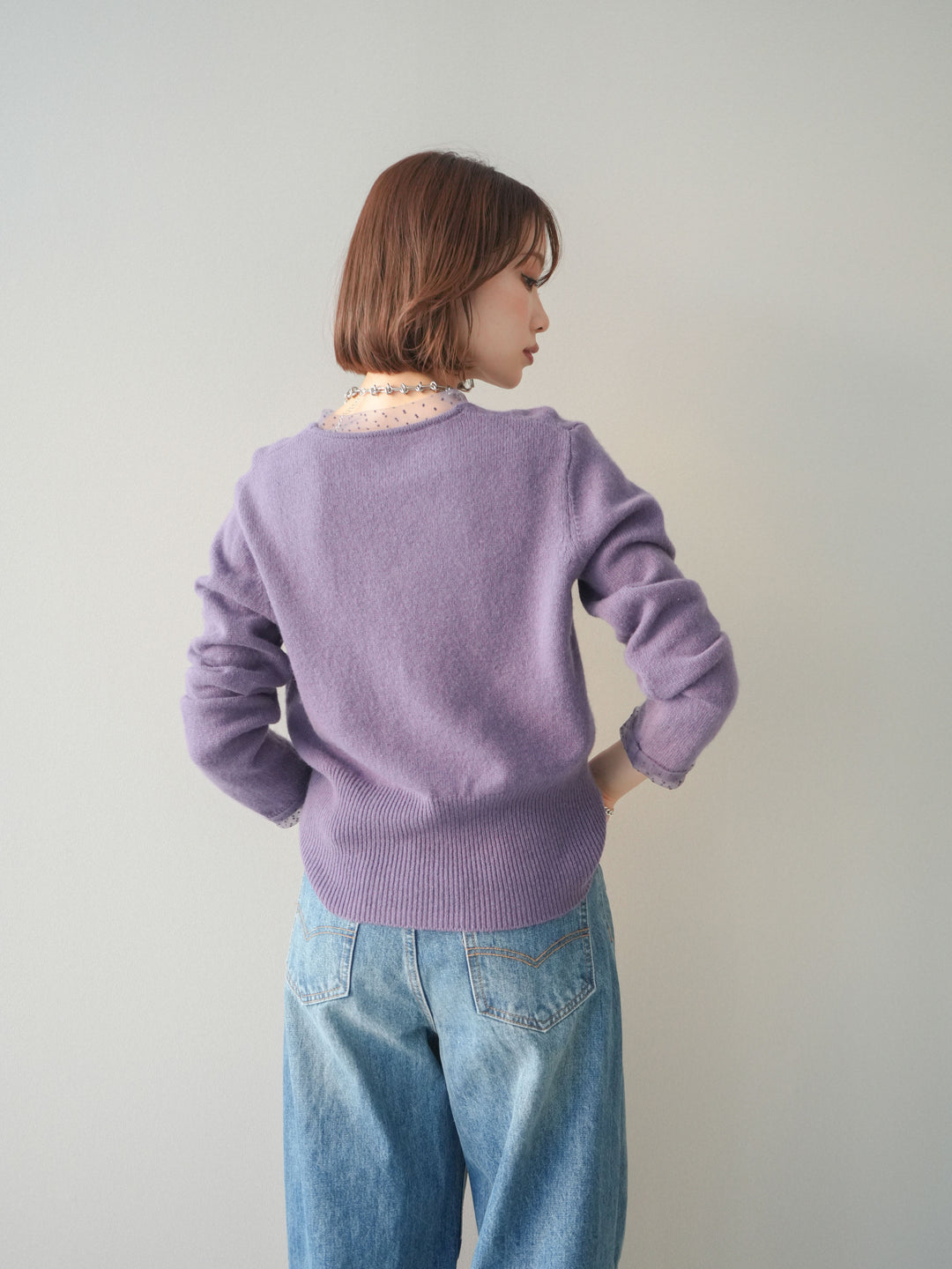 [SET]ドットチュールレイヤードボタンニットトップス+選べるアクセセット(2set)