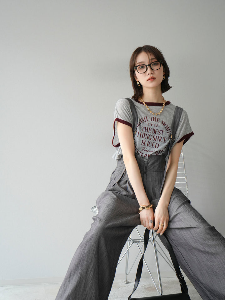 [SET]ストリングデザインハイウエストサロペット+シアーフライス ロゴプリントT (2set)