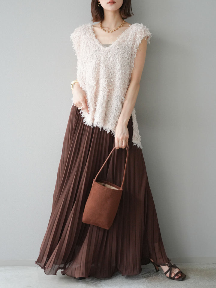 [予約]シフォンプリーツパイピングスカート/ブラウン