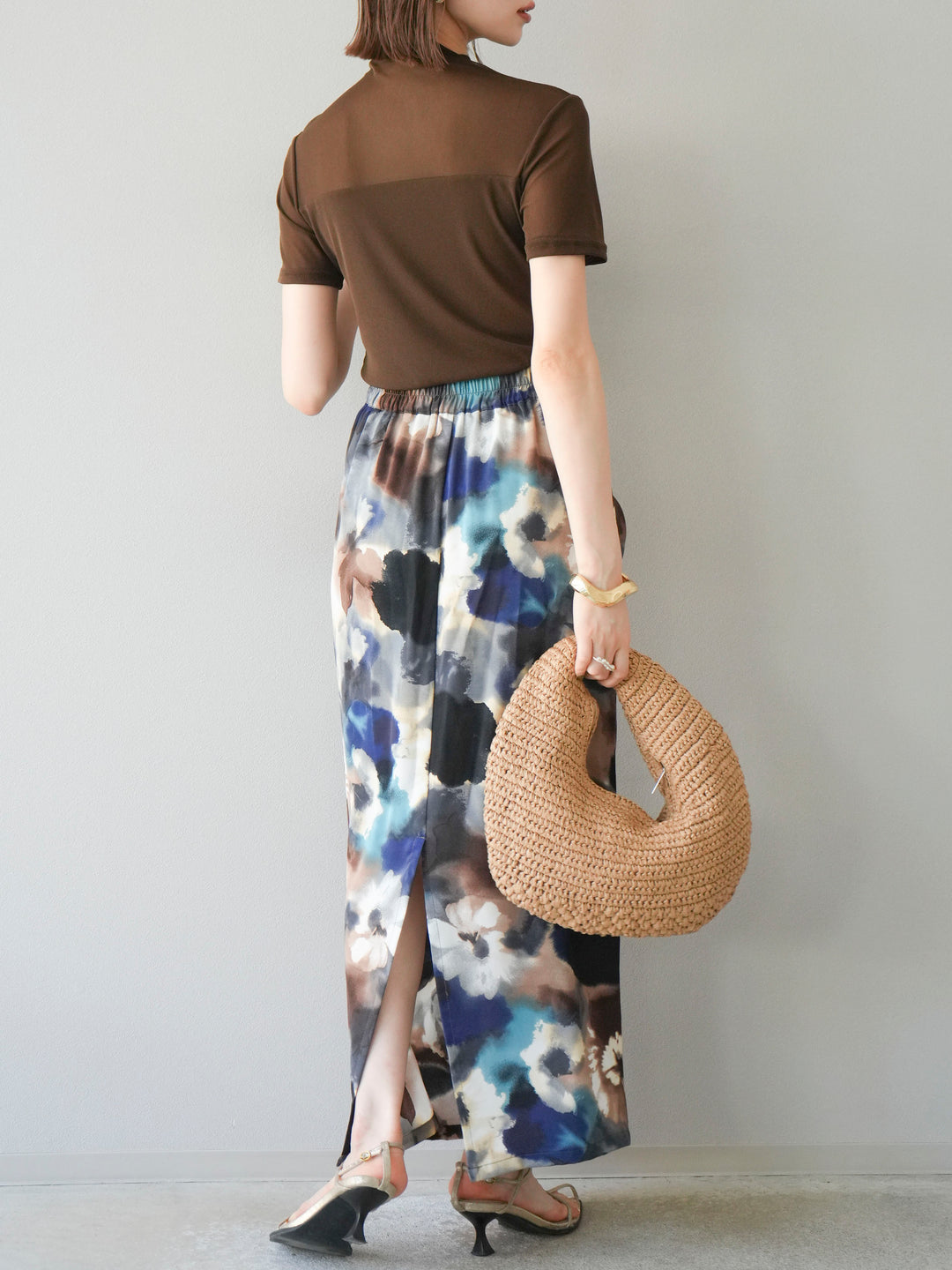 [SET] 透視半袖上衣 + 水彩印花褶襉I字裙 (2set)