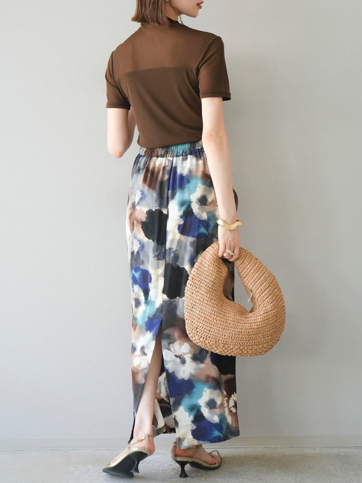 [SET] 透視半袖上衣 + 水彩印花褶襉I字裙 (2set)