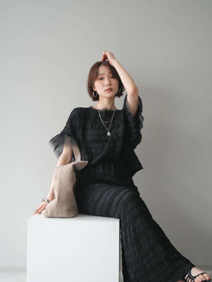 [SET]チュール袖リップルトップス+リップルIラインスカート(2set)