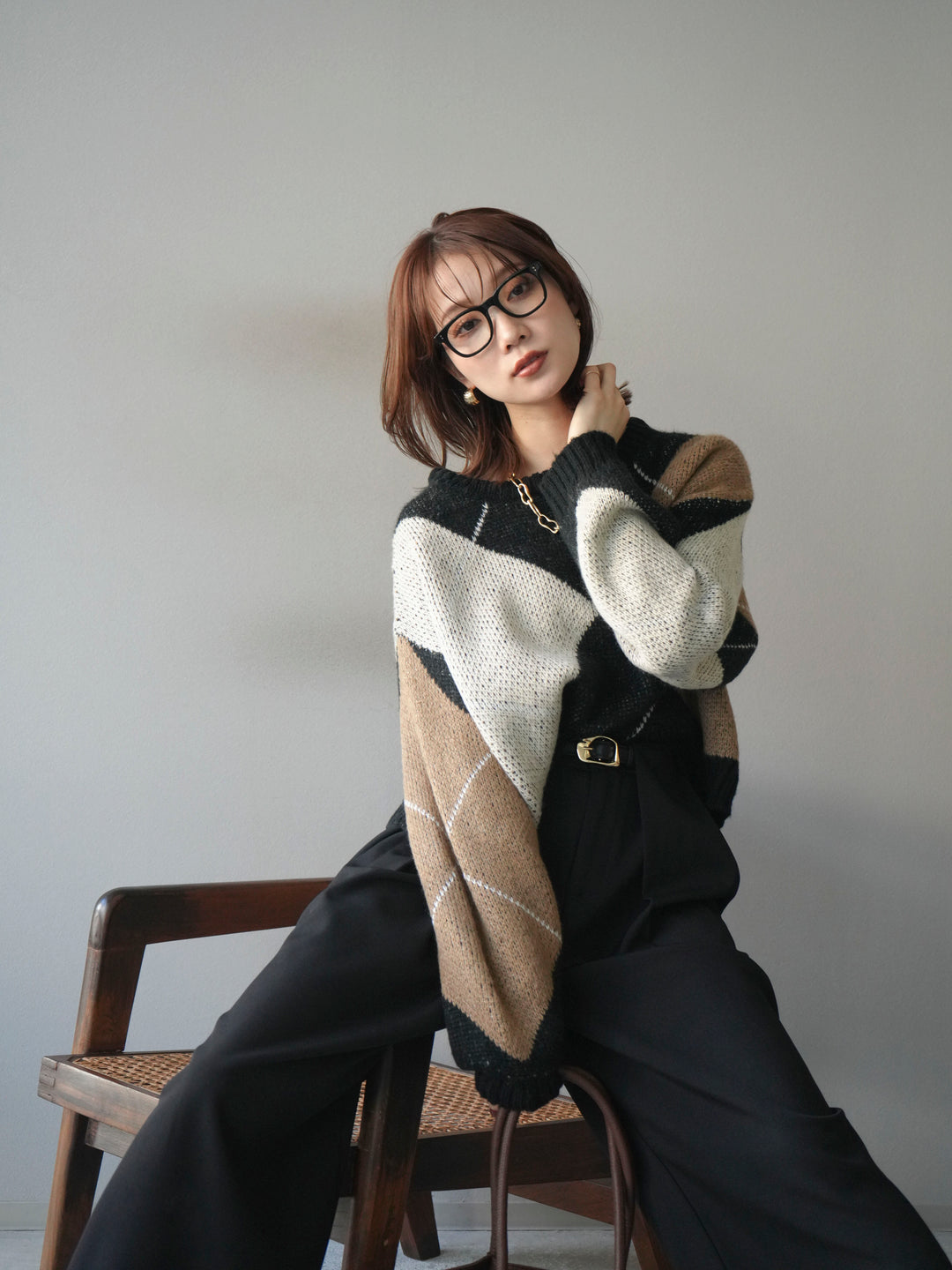 [SET]配色ステッチアーガイル柄ニットプルオーバー+配色ステッチアーガイル柄ニットプルオーバー(2set)