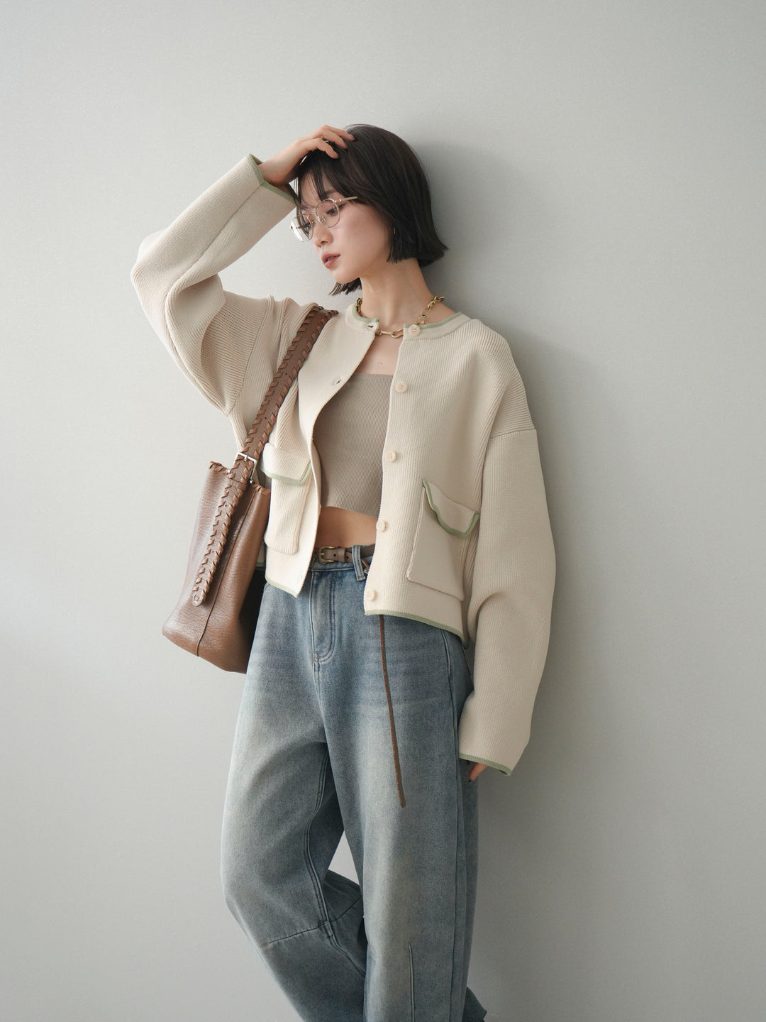 [SET]ポリエステル配色ニットカーディガン+ポリエステル配色ニットカーディガン(2set)