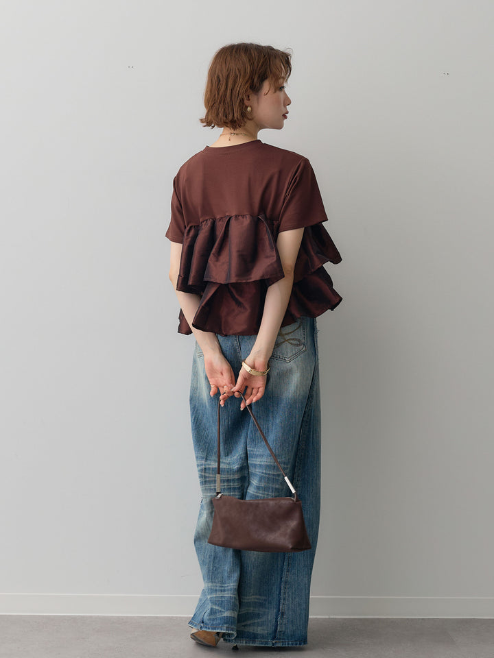 [SET]フリルティアードTEE+縦ウォッシュワイドデニムパンツ(2set)