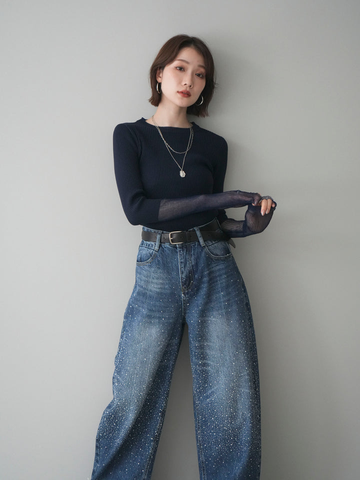 [SET]リブラメシアー切替リブニットトップス+ラインストーンカーブデニムパンツ(2set)