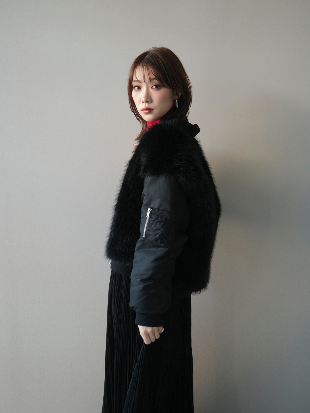 [SET]ファードッキングMA-1+袖ボタンボトルネックリブニットトップス+裾レーススウェードプリーツマキシスカート(3set)