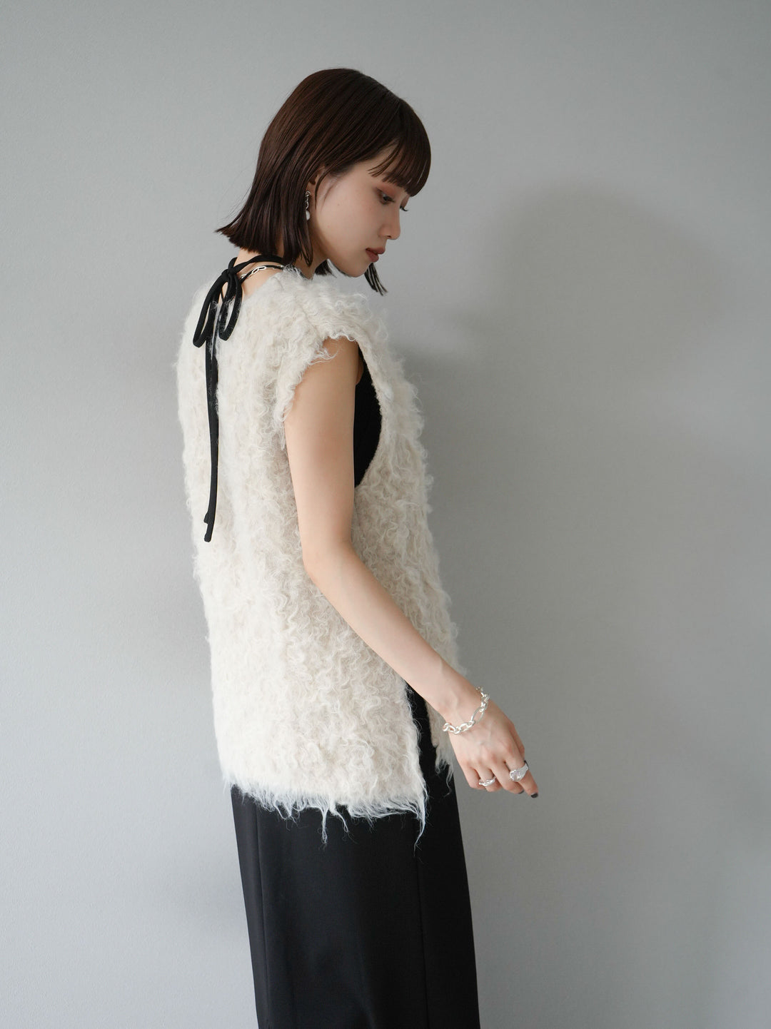 [予約]ウール混ミックスヤーンニットベスト/アイボリー