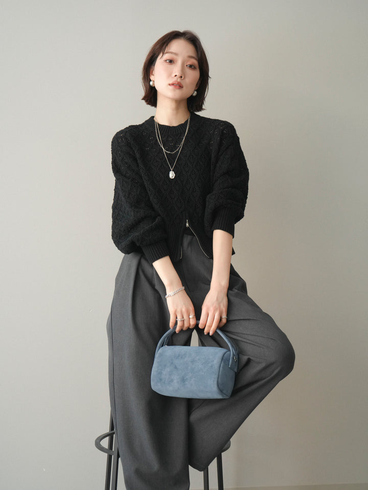 [予約]透かし編みフロントジップスリットニットプルオーバー/black