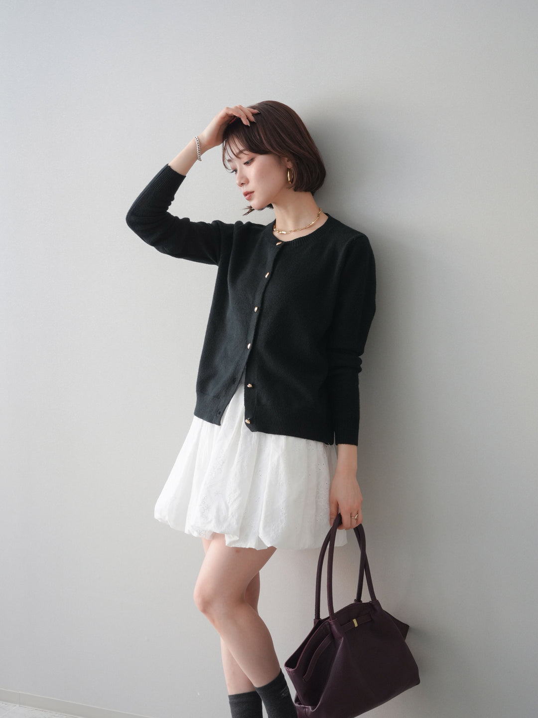 [予約]ハートボタンニットカーディガン/black