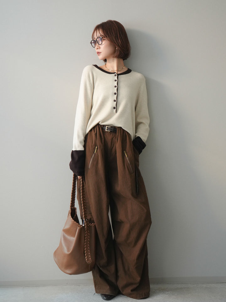 [SET]ヘンリーネック配色ニットソー+コットンタックループパンツ(2set)