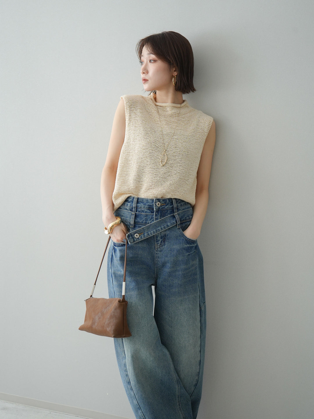 [予約]ノースリーブリネンタッチシアーニットプルオーバー/beige