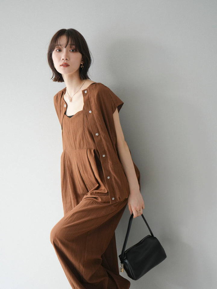 [SET]リネンライクビスチェデザインサロペット+リネンライクドロストバルーンブルゾン(2set)