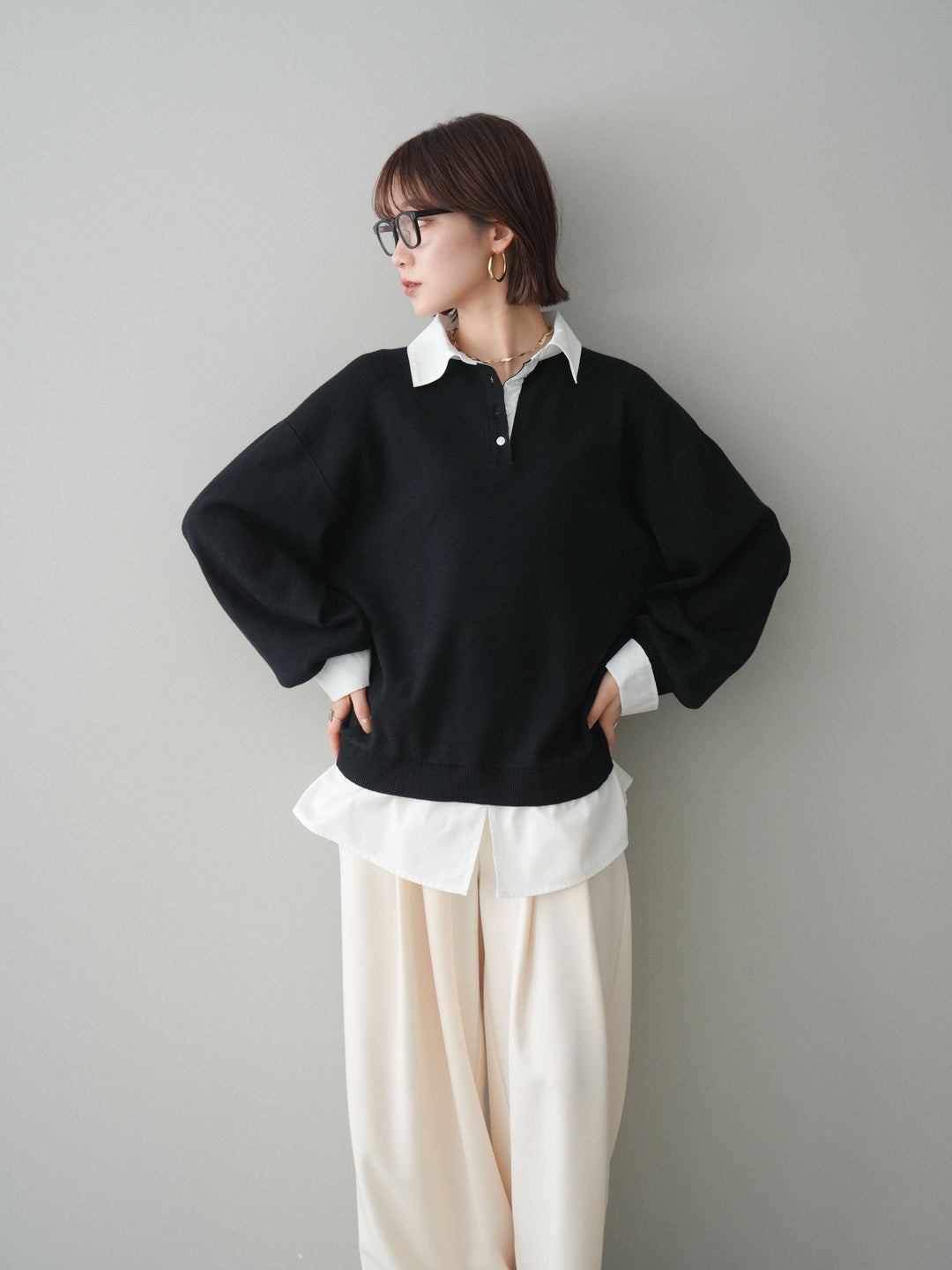 [予約]シャツドッキングオーバーニットプルオーバー/blackoff