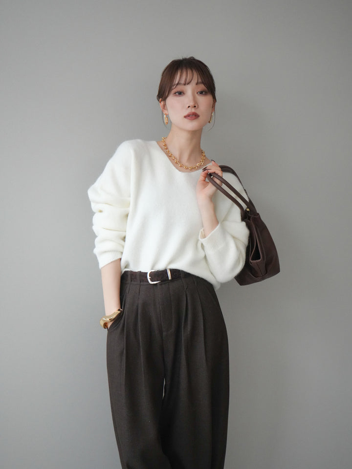 [SET]シュシュ付きアンゴラタッチVネックニットプルオーバー+選べるアクセセット(2set)