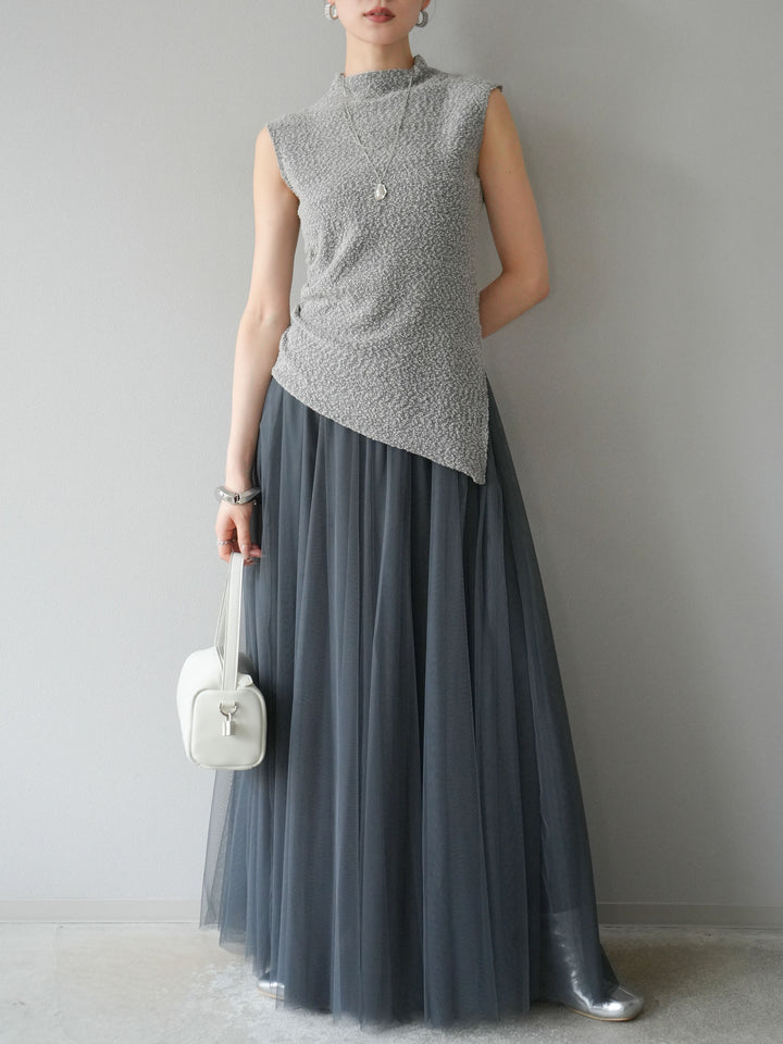 [SET]ブークレアシメニットノースリーブトップス+チュールボリュームスカート(2set)