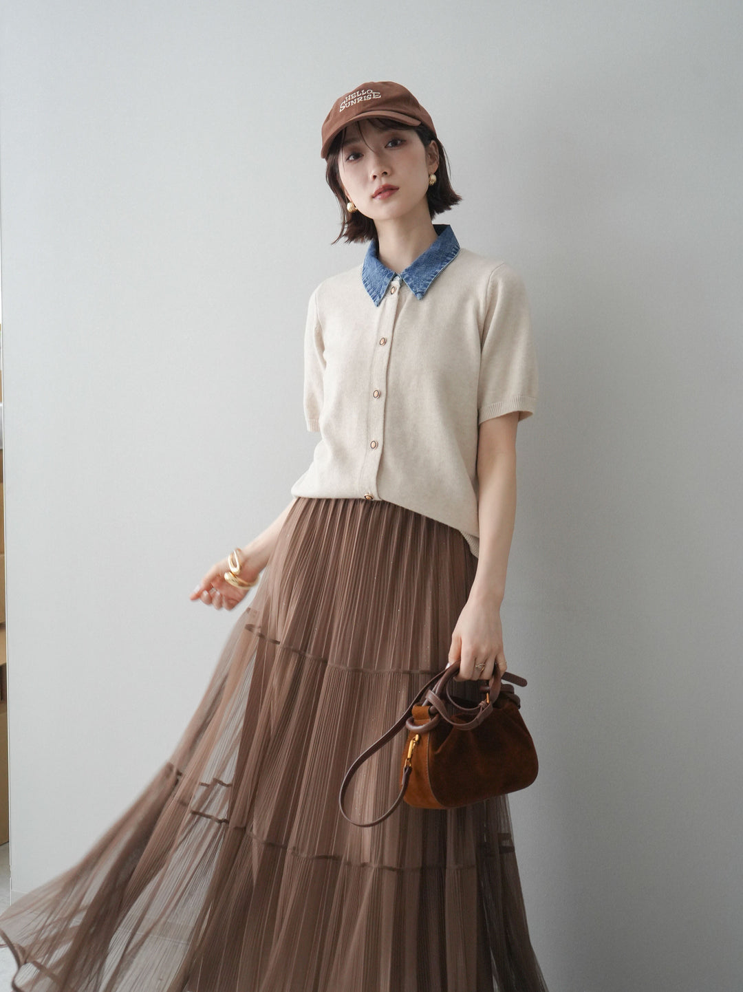 [予約]デニム襟ボタンハーフスリーブニットプルオーバー/beige