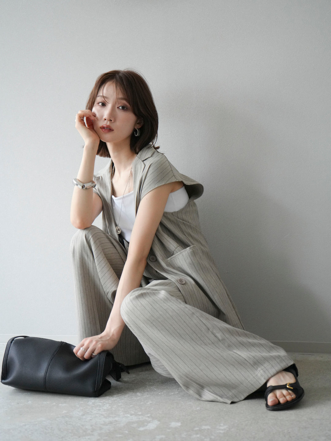 【着回しセット】[SET]ヘリンボーンストライプジレ+シアー切替ベロアトップス+ヘリンボーンストライプサロペット(3set)