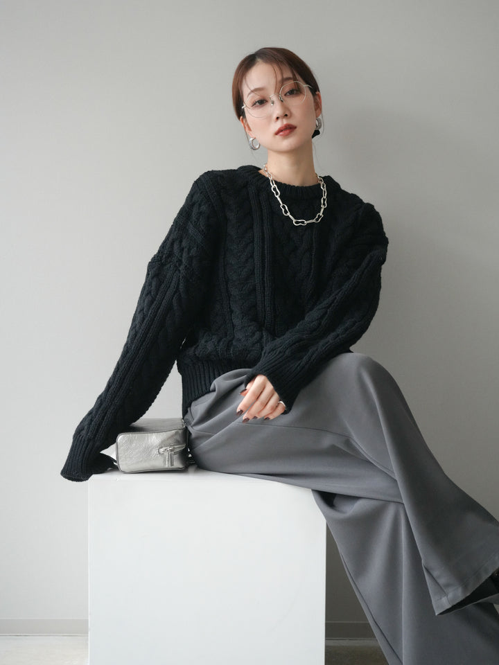 [SET]ボリュームケーブルニットプルオーバー+ベルトループデザインワイドパンツ(2set)