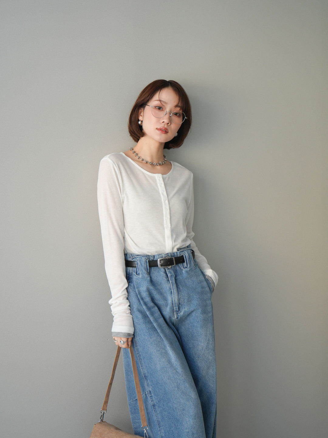 [予約]シアーリブバイカラーカーディガン/white