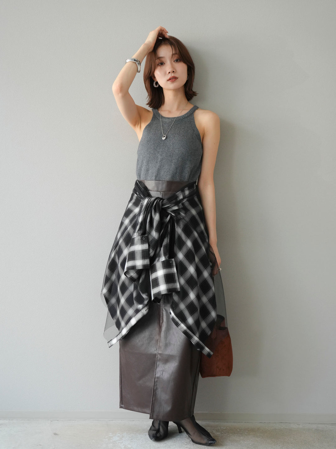 [予約]フェイクレザーフロントスリットスカート/ブラウン