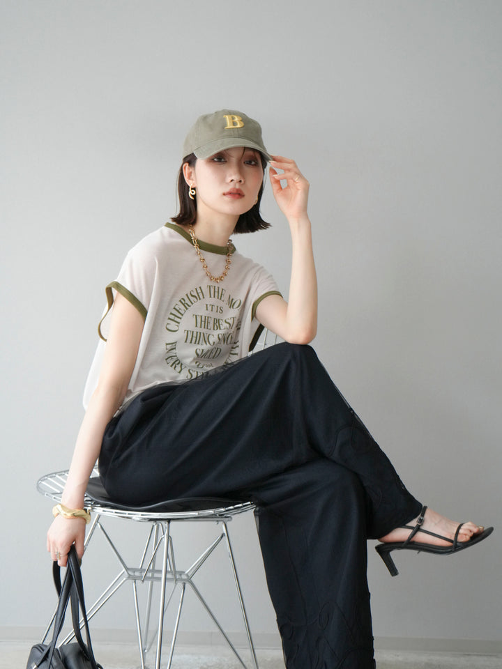 [SET]シアーフライス ロゴプリントT +コード刺繍チュールレイヤードパンツ(2set)