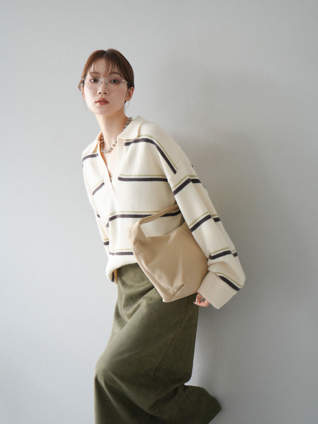 [SET]ポロ襟スキッパーボーダーニットプルオーバー+スウェードIラインスカート(2set)