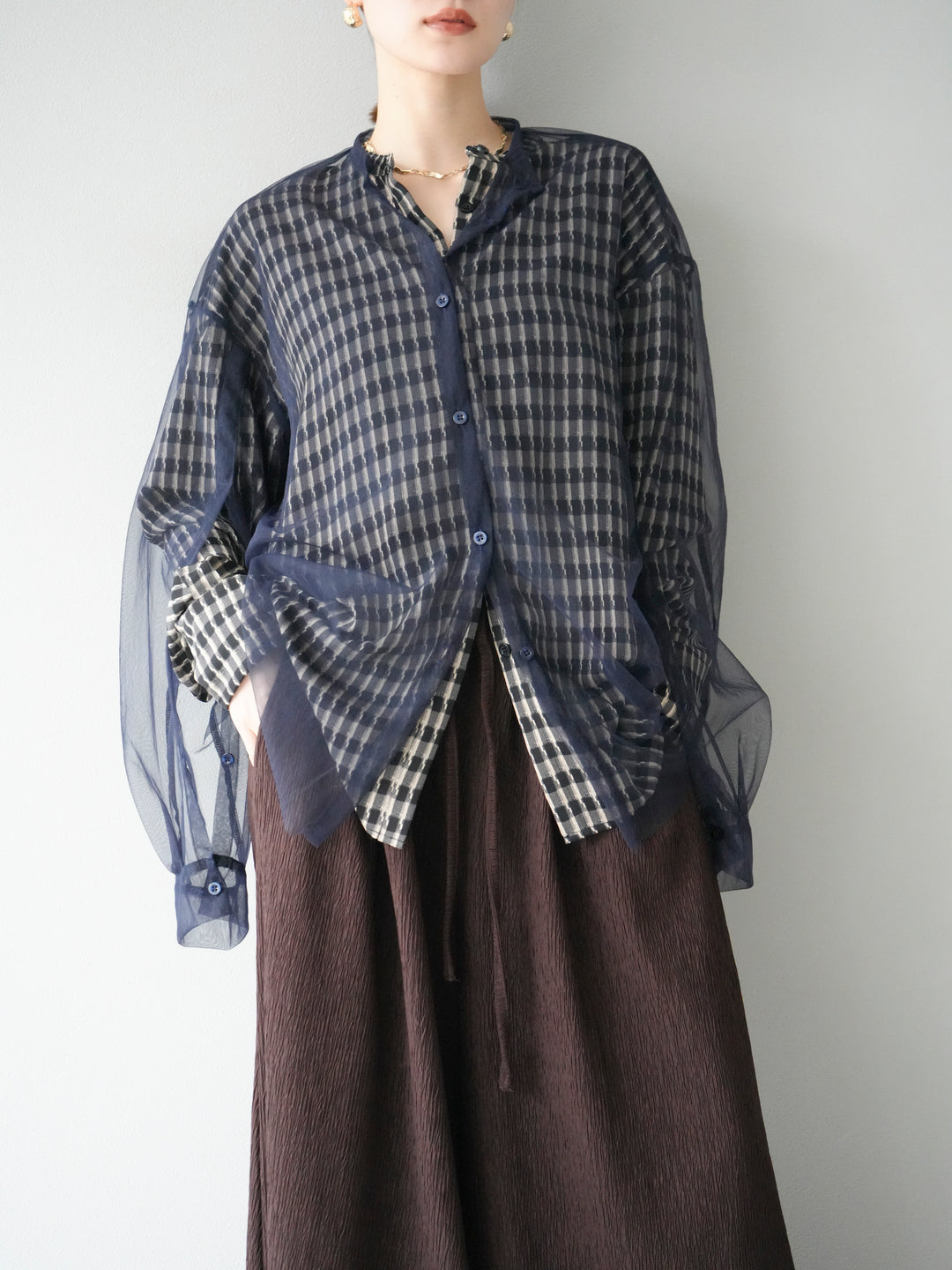 [予約]2WAYスリーブチュールシャツ/ネイビー